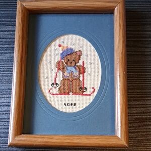Framed Cross-Stitch Skiing Bear in Blue Mat
